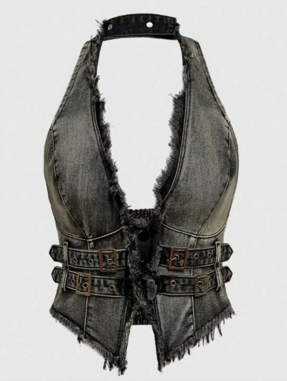 ROMWE Grunge Punk Y2K Distressed Denim Halter Top Large